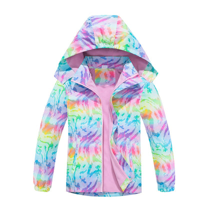Girls Rain Jacket Lightweight Waterproof Hooded Fleece Lined Raincoat Windbreakers for Kids Rainbow 10/12