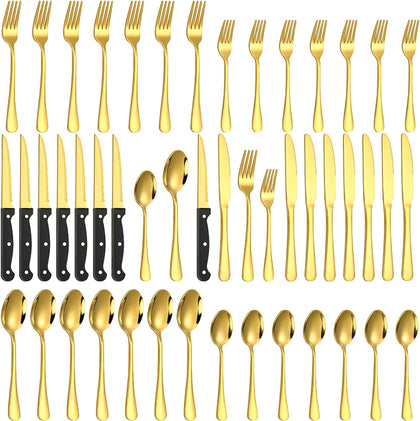 48-Piece Gold Silverware Set for 8 with Steak Knives, Stainless Steel Flatware Set, 18/8 Food Grade Cutlery Set