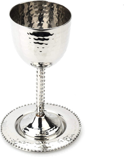 Beaded Kiddush Cup and Saucer set for Passover, Shabbat - Hammered stainless steel adorned with silver beading 8 oz.