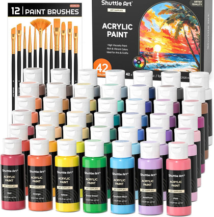 Acrylic Paint, 42 Colors Acrylic Paint Set with 12 Brushes, 2oz/60ml Bottles, Rich Pigmented, Water Proof, Premium