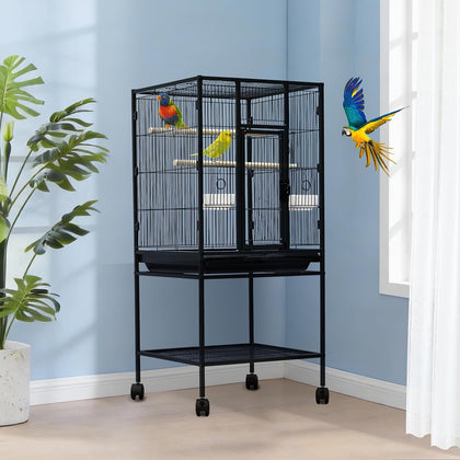 Spacious Flight Bird Cage with Rolling Stand & Storage Shelf - Durable Wrought Iron Parrot Home w/Play Top & Bowls