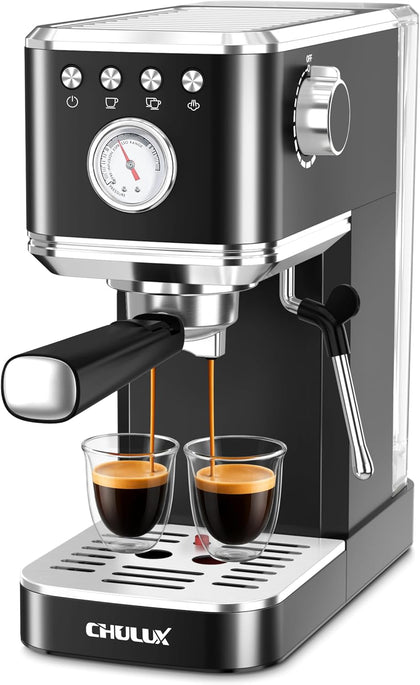 Slim Espresso Machine with Milk Frother for Home Cappuccino, Black | Precise Pressure Gauge, Food-Grade Materials, 20