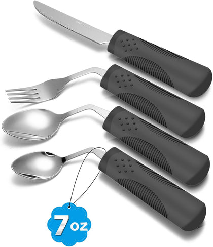 Adaptive Utensils (4-Piece Set) Weighted 7 oz - 42° Angled Utensils for Parkinson's Patients, Hand Tremors, Arthritis
