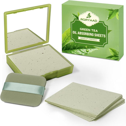 300 Oil Blotting Sheets for Face with Mirror & Puff, Green Tea Oil Absorbing Blotting Papers, Portable Blotting