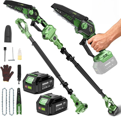 Cordless Pole Saw for Tree Trimming, 2-in-1 Mini Chainsaw, 2x4.0Ah Battery | J-KU 16 Ft Reach 8 Inch & 6 Inch