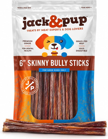 6 Inch Skinny Bully Sticks for Small Dogs (30 Pack) Thin, Odor Free Bully Sticks Sheaths | Single Ingredient Beef