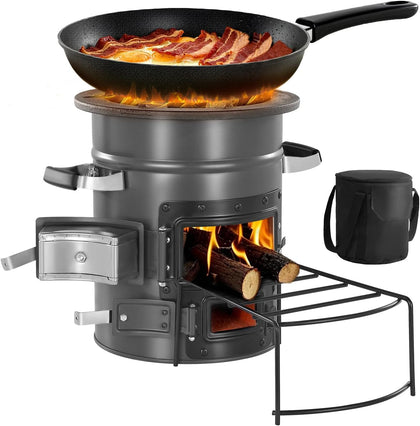 Camping Rocket Stove, Wood Burning Portable Rocket Stove with Carrying Bag for Backpacking, SPCC Steel, Double Door