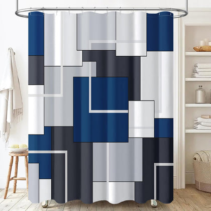 Navy Blue Modern Geometric Waterproof Fabric Shower Curtain Set, 72x72 | Premium Polyester, Decorative Shower Curtain