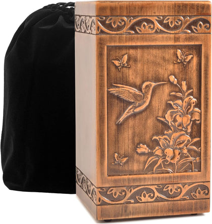 Handmade Wooden Engraved Urn for Human Ashes 250lbs Adult Male Female Satin Bag Hummingbird Cremation urns Box