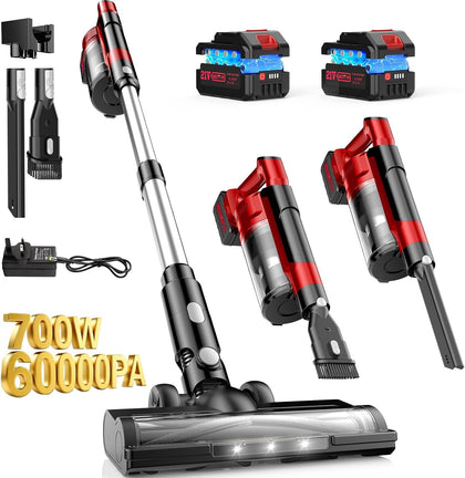 Cordless Vacuum Cleaners for Home with 2*Battery 8000mAh, Brushless Rechargeable Stick Vacuum with 3 Mode, 6 In 1
