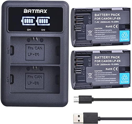 2Pcs 2650mAh LP-E6 LP-E6N Battery + LED Dual Charger for Canon EOS R, R5, R6, Ra, XC10, XC15, 5D Mark II/III/IV, 5DS