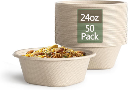 24 Oz Disposable Paper Bowls - Heavy Duty Disposable Bowls - Made from Natural Bagasse - Disposable Bowls for Hot