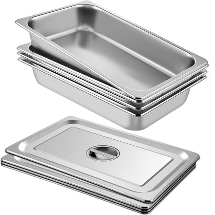 4 Pack Stainless Steel Full Size Hotel Pans with Lids – 3.7" Deep, 0.8mm Thick Anti-Jam Commercial Food Pans for