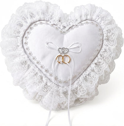 Heart-Shaped Wedding Ring Bearer Pillow, with Fake Rings for Wedding Ceremony White Satin with Lace Trim and Ribbon Bow