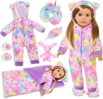 American 18" Doll Clothes and Sleep Bag Accessories,Sleepover Outfit Set Fits 18 Inch Dolls Include Rainbow