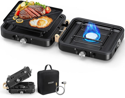 2-Burner Foldable Camping Stove with Griddle (Textured & Smooth) and Carrying Bag, Portable Propane Camp Stove with 2