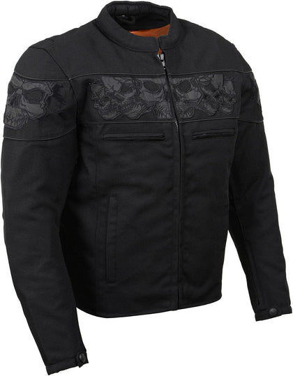 MPM1730 Men's Black Padded Textile All Season Motorcycle Jacket w/Reflective Skulls Artwork
