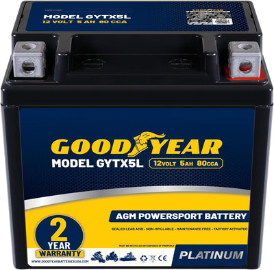 Goodyear GYTX5L - 12 Volt 5 AH, 80 CCA, Rechargeable High-Performance, Maintenance Free, SLA - AGM Battery for Motorcycle, ATV, UTV, 4-Wheeler, Snowmobile, Watercraft and more!