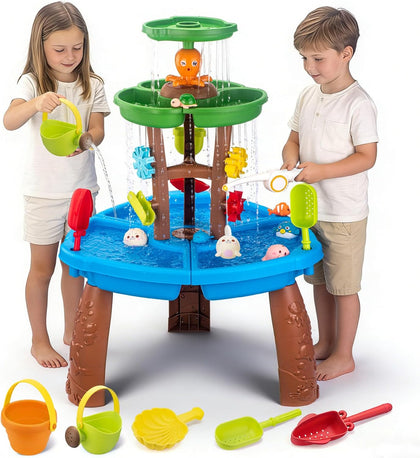 Water Table for Toddlers with Fishing Game Set 3-Tier Kids Sand Water Table Sensory Outdoor Toys for Kids Ages 4-8