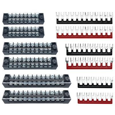 6 Sets 8/10/12 Positions 600V 15A Terminal Blocks Ground Circuit Dual Row Bus Bar Wire Screw Terminal Block Kit with Cover 600V Pre Insulated Terminal Strip WW004-15081012