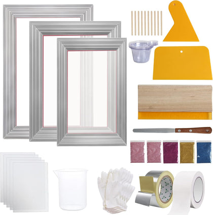 Screen Printing Kit, 3 PCS Aluminum Silk Screen Printing Frames, 5 Glitters and Screen Printing Squeegees and