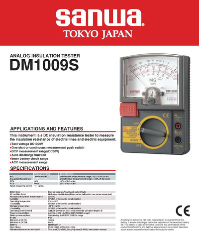 GuliTech Japan Sanwa DM509S DM1009S Insulation Testers/Analogy Type Single Test Voltage Range 1000V/2000MΩ Single Range, Lightweight Design(DM1009S)