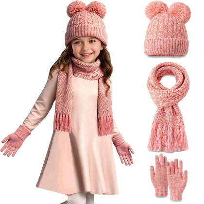 Kids Beanie Scarf Gloves Set, Boys Girls Toddler Winter Warm Fleece Lined Hat with Pom Pom Knit Scarf Mittens 3 in 1