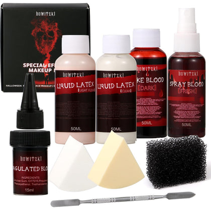 Fake Blood & Liquid Latex Kit,Pro SFX Makeup Set with 50ml Dark Fake Blood, 50ml Fresh Spray Blood, 2pcs Liquid