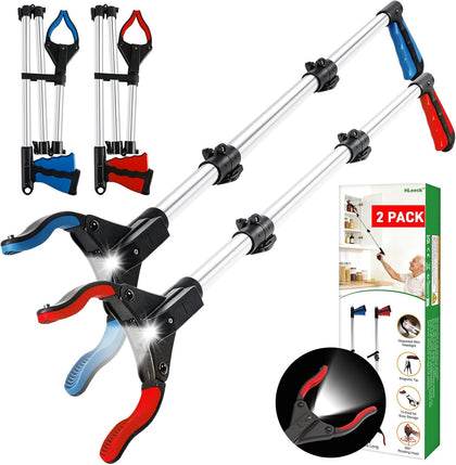 2-Pack Grabber Reacher Tool, 44" Extra Long Foldable Reacher Grabber Pickup Tool with Light, Heavy Duty Trash Picker