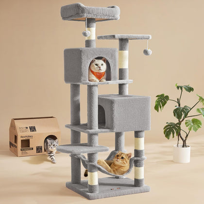 Cat Tree, 59.5-Inch Tall Cat Tower, Plush Multi-Level Condo with 5 Scratching Posts, 2 Perches, 2 Caves, Hammock, 2