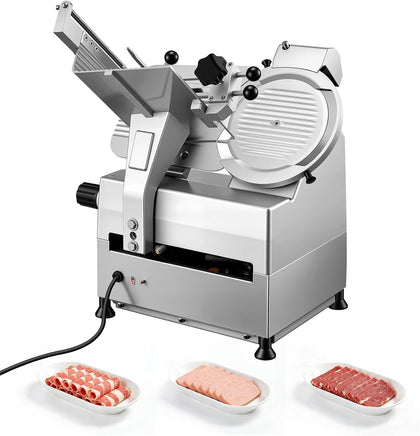 Fully Automatic Meat Slicer, 180W + 370W Commercial Food-Slicer with 10" Carbon Steel Blade, Built-In Sharpener &