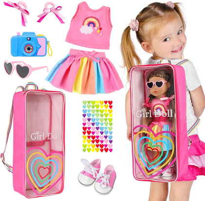 18" Girl Doll Carrier Backpack Rainbow Heart Style Playset, 9-Piece Accessory Collection with Bag, Hair Bows
