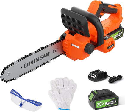 12 inch Electric Cordless Chainsaw, 4.0Ah Battery Operated Chainsaw Brushless Motor 4500 RPM, Auto-Oil, Safety
