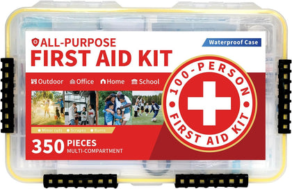 350-Piece All-Purpose 100-Person Emergency First Aid Kit – Waterproof Plastic Case | Clearly Organized for Fast
