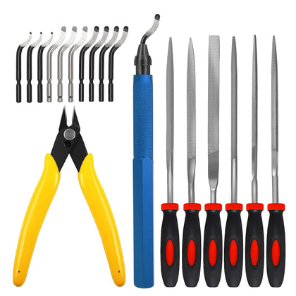 18Pcs 3D Printer Deburring Tool Kit - 10 Interchangeable Blades, 6 Needle Files & Micro Wire Cutter for 3D Printing