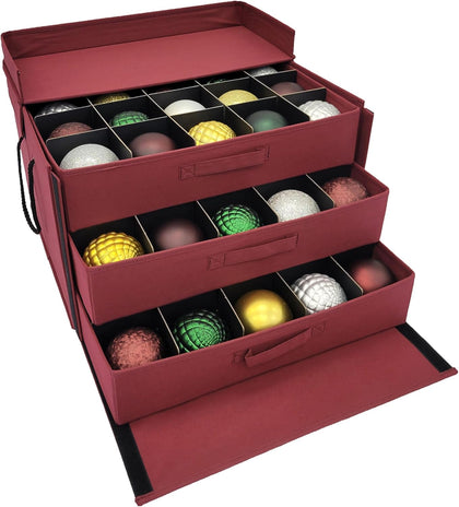 Christmas Ornament Storage Box, Holds 60-4 Inch Ornaments | Adjustable Acid-Free Dividers, 3 Removable Trays with