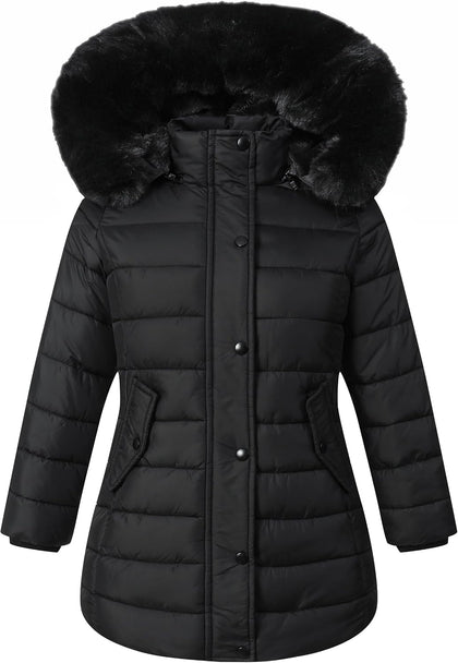 Girls Long Puffer Winter Coat Kid's Removable Hood Parka Jacket | Waterproof Polyester Outer, Soft Fleece Lined
