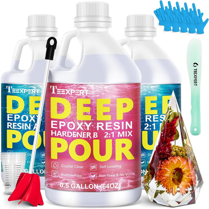 Deep Pour Epoxy Resin, 1.5 Gallon Epoxy Resin Kit for 2-4" Pour Depths, Crystal Clear & High Gloss, Bubble-Free