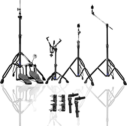 5-Piece Drum Hardware Pack with Bass Pedal - Heavy Duty Alloy Stands, Tom Holders & Multi Clamps, Tool-Free Adjust