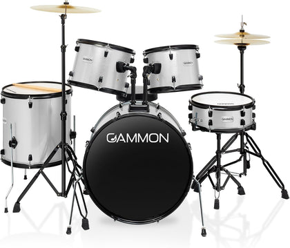 Full Size Complete Adult 5-Piece Drum Set with Cymbals, Stands, Stool, and Sticks - Silver