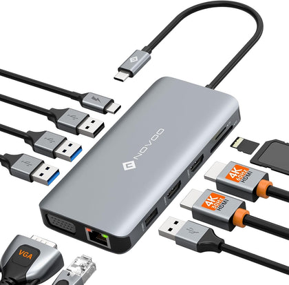 USB C Docking Station Dual HDMI Adapter, 11 in 1 Multi Display Docking Station Dual Monitor with 2 HDMI, VGA, 100W
