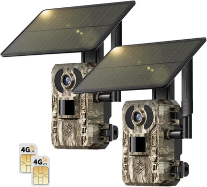 Trail Camera 2 Packs, Cellular Trail Cameras Bulit in 4G LTE SIM Card No WiFi Needed, 4k Live View Solar Powered Game