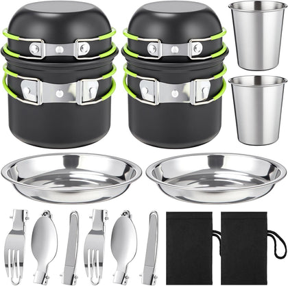 18-Pcs Camping Cookware Mess Kit for 2, Non-Stick Lightweight Pot Pan Set with Stainless Steel Cups & Plates, Folding