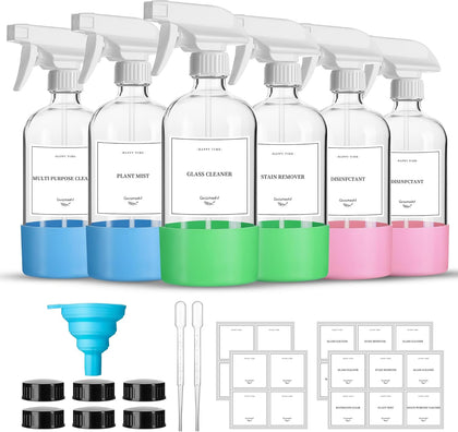 16oz Clear Glass Spray Bottles,6 Pack Glass Spray Bottles Refillable Empty Bottle with Adjustable Nozzle,Spray Bottle