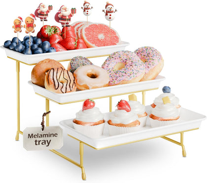 3-Tier Melamine Serving Tray Set, 11.5 x 5.6 in, Gold Stand