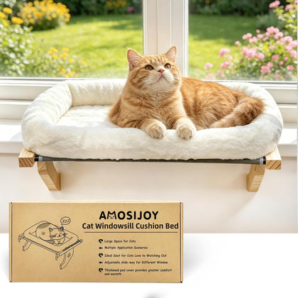 Cat Sill Window Perch Sturdy Hammock Window Seat with Cushion Bed Cover, Wood & Metal Frame for Large Cats, Easy to