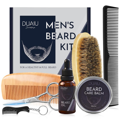 Beard Grooming Kit for Men Care, Beard Oil & Beard Balm, Boar Bristles Brush, Multi-Comb and Scissors for Beard and