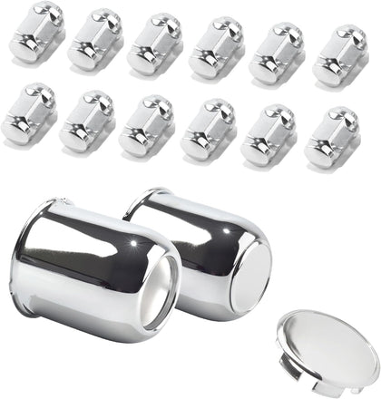 2-Pack Trailer Push Through Center Caps and Trailer Wheel Lug Sets - 3.19in Wheel Center Caps Chrome Wheel Cover