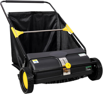 21 Inch Push Lawn Sweeper, Hand Powered Leaf & Grass Sweeper with 7 Cu Ft Hopper, 4 High-Speed Brushes, Height