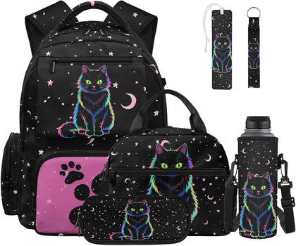 Cat Paw Moon Star Print Backpack for Kids Girls School Bags Teen Bookbags Set of 6 pcs Rucksack School Backpack with